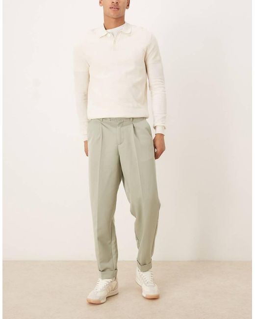 ASOS Natural Relaxed Tapered Fit Smart Trousers With Turnup for men