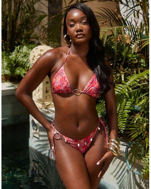Slip Bikini Rossi Con Stampa Tropicale A Fiori E Allacciatura Laterale di South Beach in Green