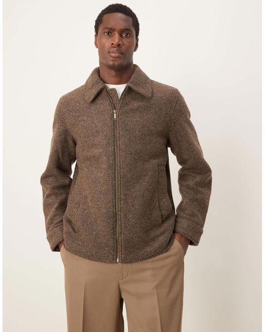 SELECTED Brown Collar Wool Zip Up Jacket for men