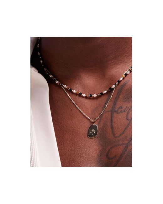 ASOS Brown 2 Pack Layered Chain And Beaded Necklace for men