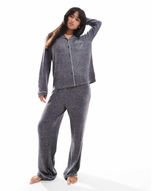 Loungeable Blue Marl Brushed Rib Long Sleeve Buttoned Pyjamas