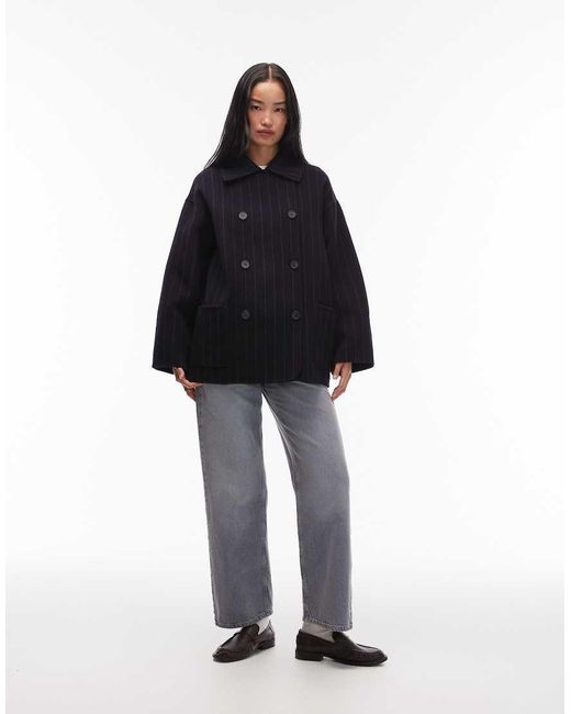 & Other Stories Black Wool Double Breasted Cropped Coat In Pin Stripe