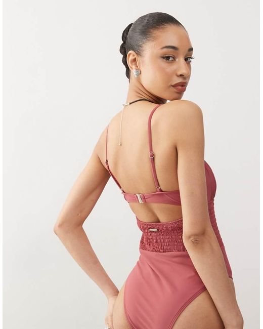 Reclaimed (vintage) Pink Swimsuit With Shirred Waist And Cut Out Detail