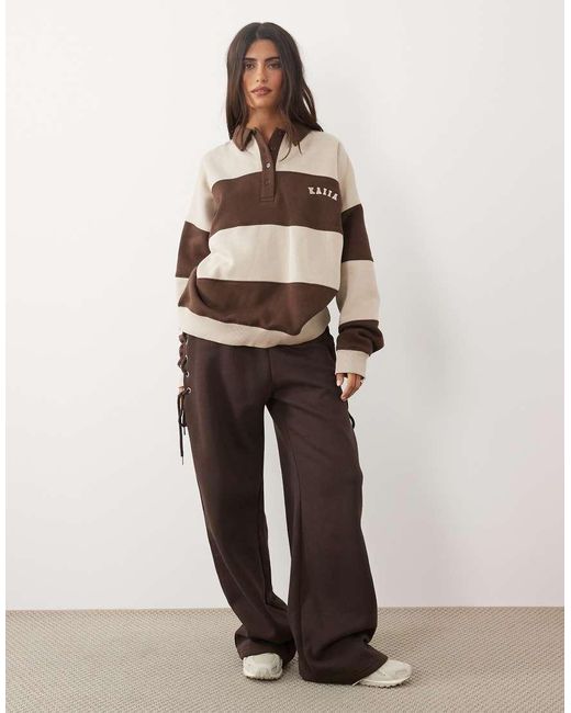 Kaiia Brown Oversized Long Sleeve Rugby Sweatshirt
