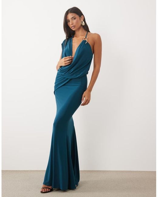 ASOS Blue One-shoulder Draped Dress With Hardware Detail