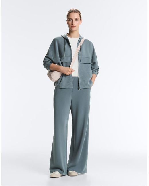 Oysho Blue Ribbed Zip-Up Sweatshirt With Soft-Touch Modal
