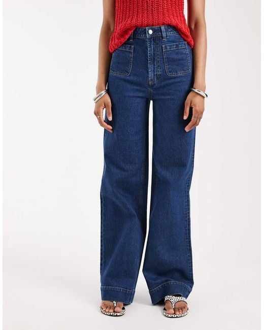 ASOS Blue Asos Design Tall High Waist Wide Leg Jeans With Front Pockets