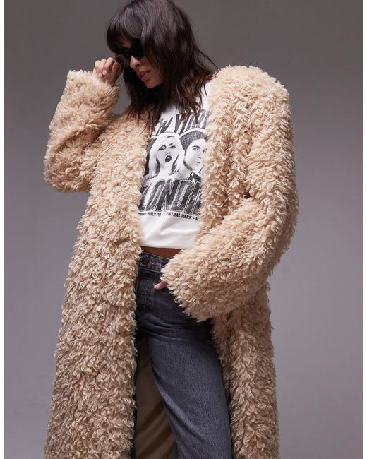 TOPSHOP Gray – kragenloser, langer mantel aus kunstpelz