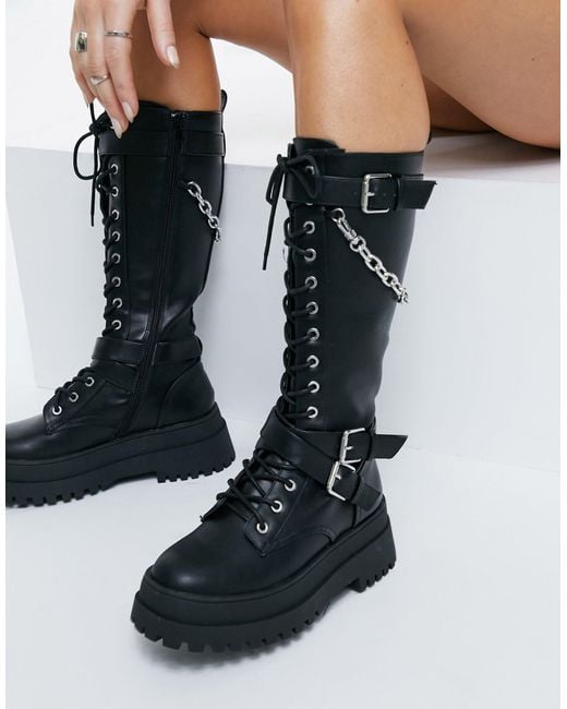Public Desire Black Mari Chunky Knee Boots With Chain