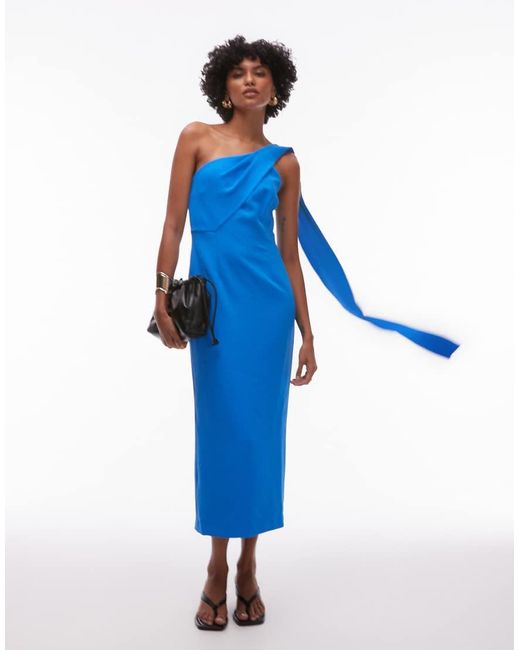 Mango Blue One Sholder Draped Dress