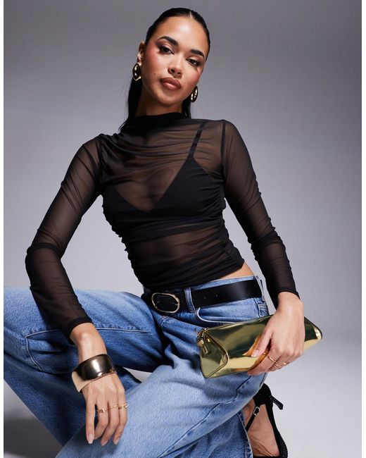 ASOS Blue Long Sleeve Ruched Side Mesh Top