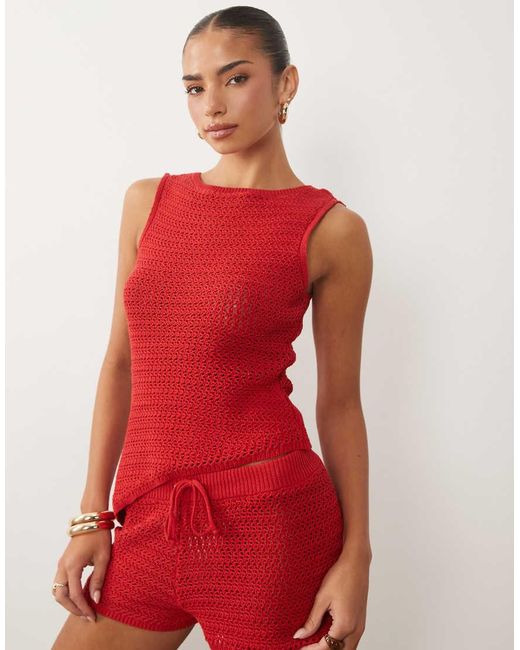 ASOS Red Knitted Cinched Crochet Asymmetric Top Co Ord