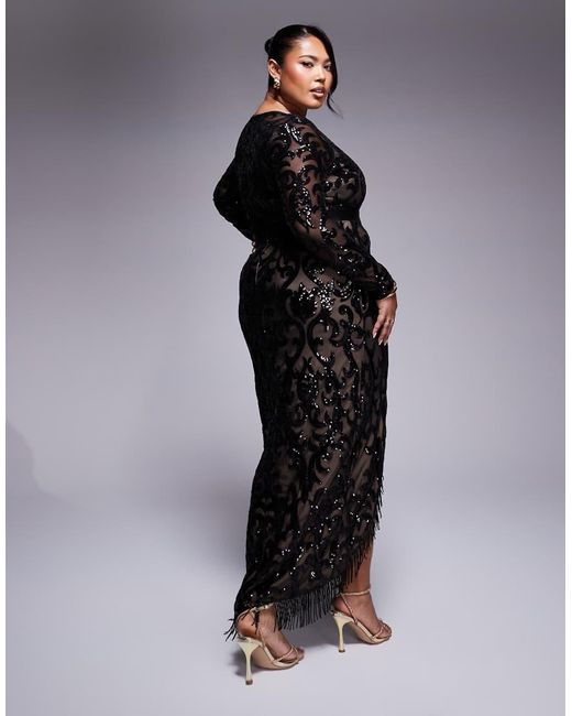 Goddiva Black Curve Tassel & Sequin Maxi With Front Split