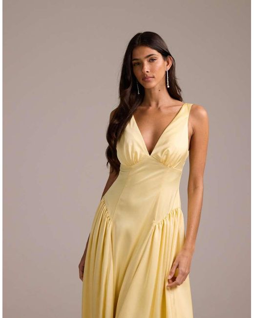 ASOS Natural Bridesmaids Satin Plunge Neckline Dropped Waist Midi Dress