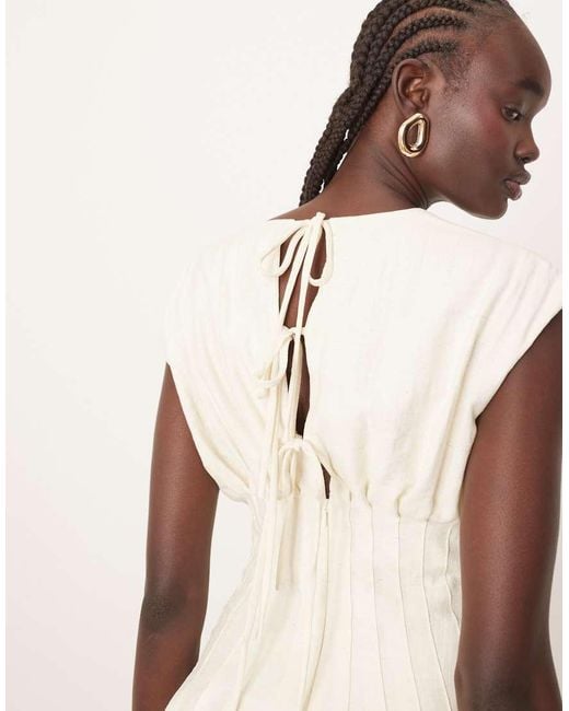 ARRANGE Natural Premium Structured Linen Pleat Waist Midi Dress With Tie Back Detail