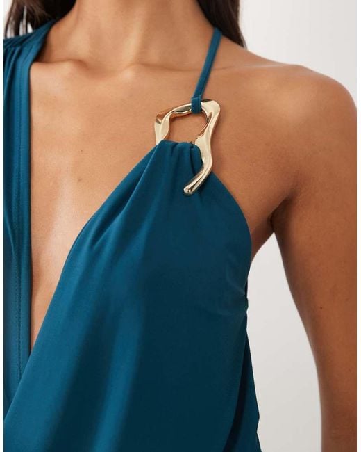 ASOS Blue One-shoulder Draped Dress With Hardware Detail