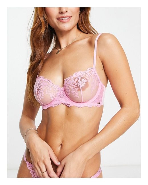 Lindex Samira Floral Embroidered Mesh Non Padded Balconette Bra in Pink