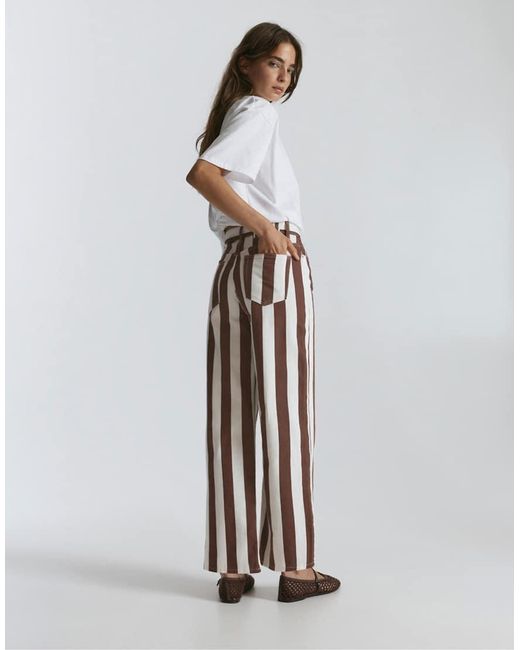 Pull&Bear White Striped Straight-Leg Trousers