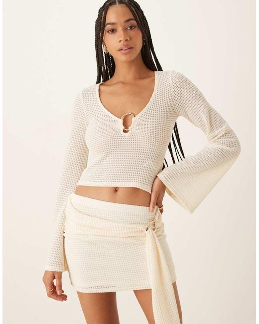 ASOS Natural Textured V-neck Flared Sleeve Top With Gold Trim