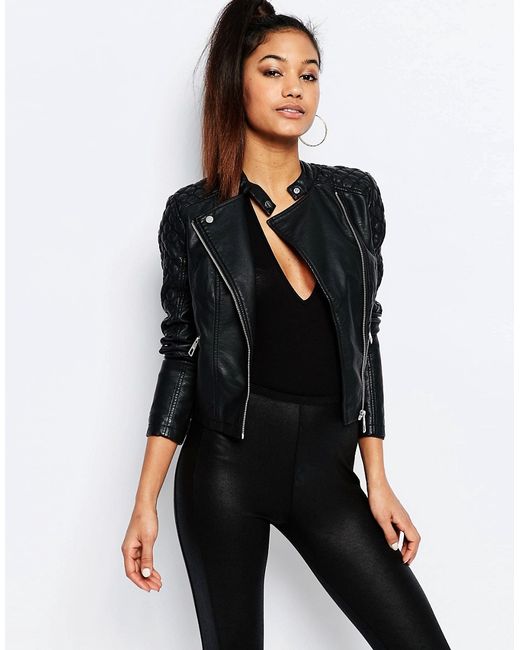 Lipsy Ariana Grande For Faux Leather Biker Jacket With Quilted Sleeves - Black