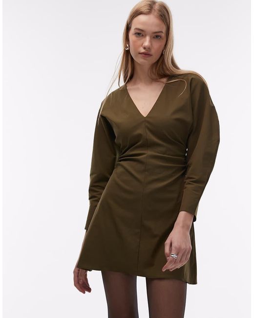 ASOS White V Neck Ruched Bengaline Mini Dress