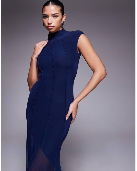ASOS Blue Mesh High Neck Maxi Dress With Exposed Contour Seam Detail
