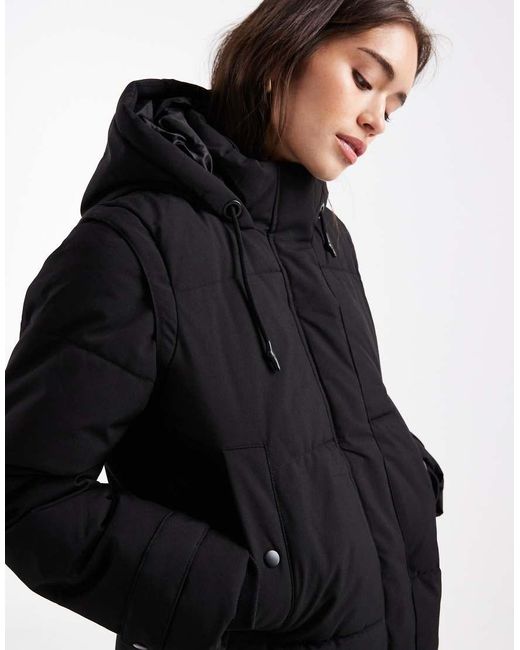Vero Moda Black 2 In 1 Longline Puffer Coat With Removeable Sleeves In