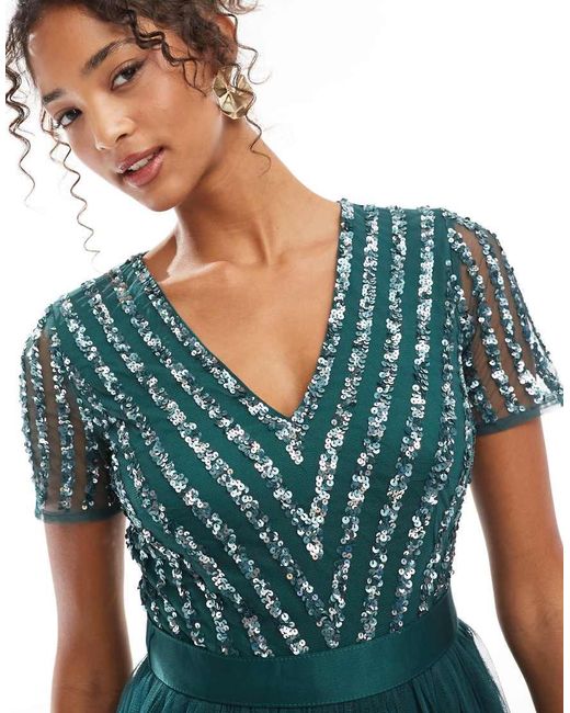 Maya Blue Belted Stripe Embellished Bridesmaid Maxi Dress
