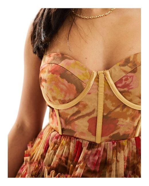 Robe babydoll courte à fleurs - doré à motif LACE & BEADS en coloris Brown