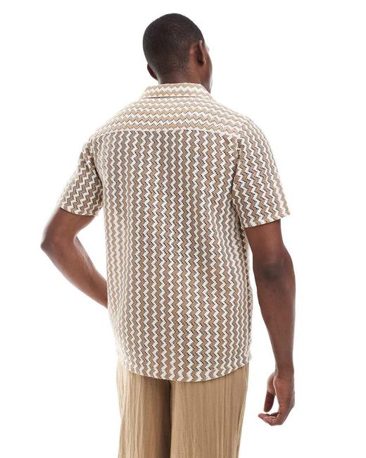 New Look Brown Zig Zag Revere Crochet Shirt for men