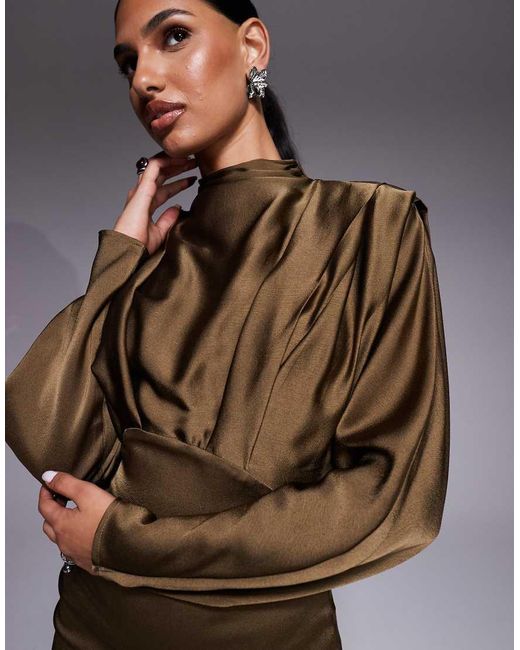 TFNC London Brown Satin High Neck Fold Over Detail Maxi Dress