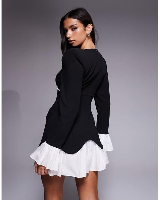 ASOS Black Structured Long Sleeve Mini Dress With Pearl Trim And Pleated Skirt