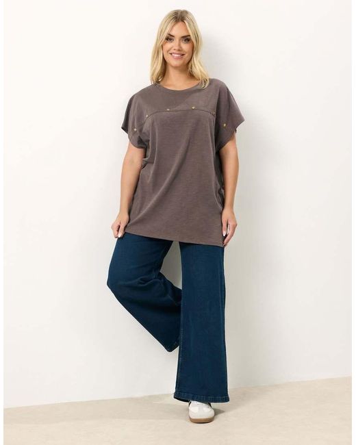Yours Clothing Gray Stud Grown On Sleeve T-Shirt