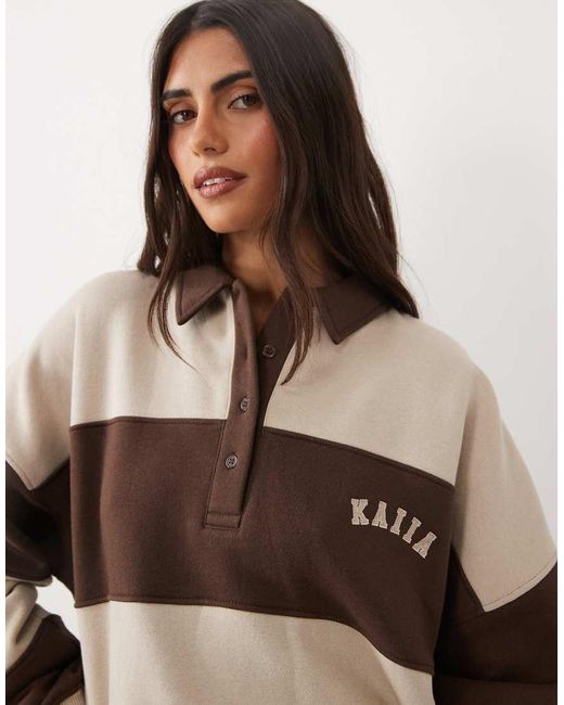 Kaiia Brown Oversized Long Sleeve Rugby Sweatshirt