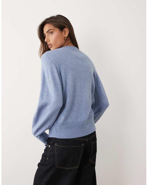ASOS Blue Waisted Crew Neck Cardigan With Wool With Covered Buttons