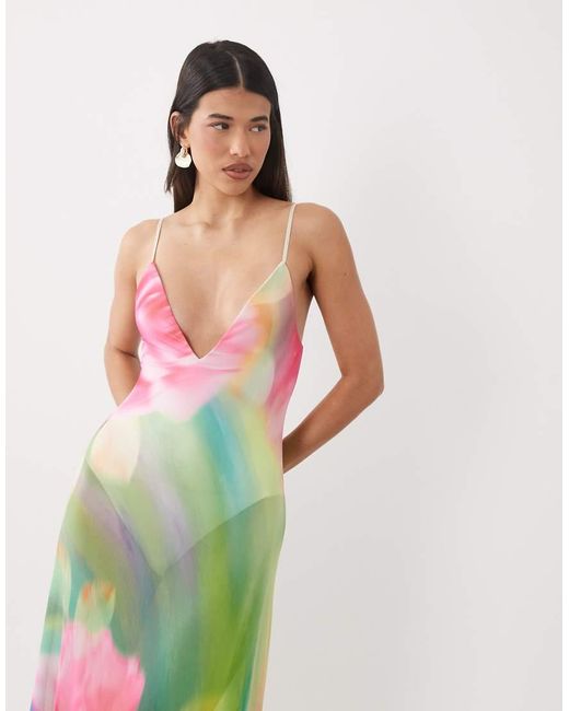 AFRM White Rivka Printed Mesh Inbuilt Bodysuit Detail Plunge Neck Maxi Dress