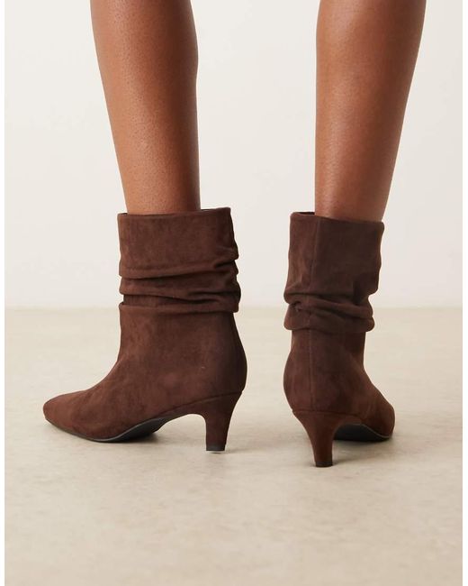 Glamorous Brown Kitten Heel Ruched Mid Ankle Boots