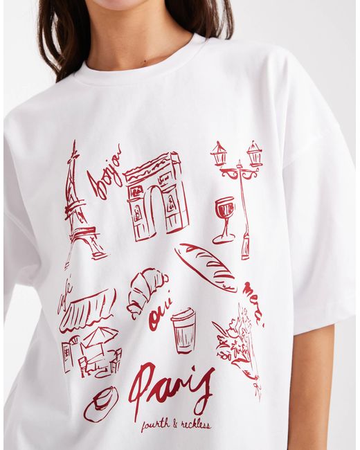 4th & Reckless White Cotton Rich 'paris' Icon Graphic Oversized T-shirt