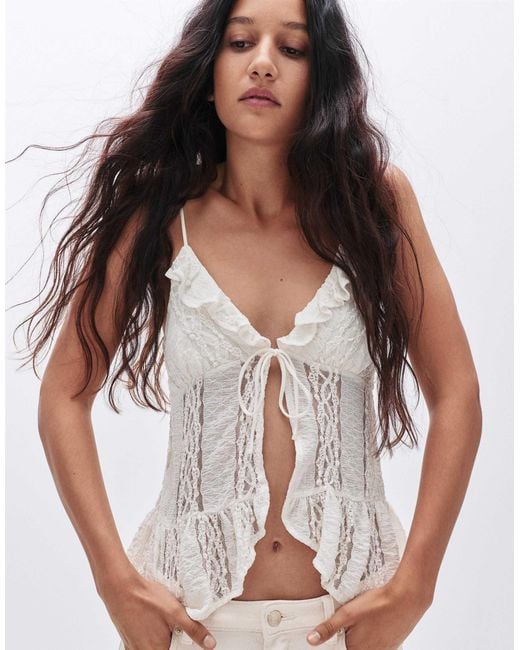 Pull&Bear Natural – oberteil aus beiger spitze mit rüschen