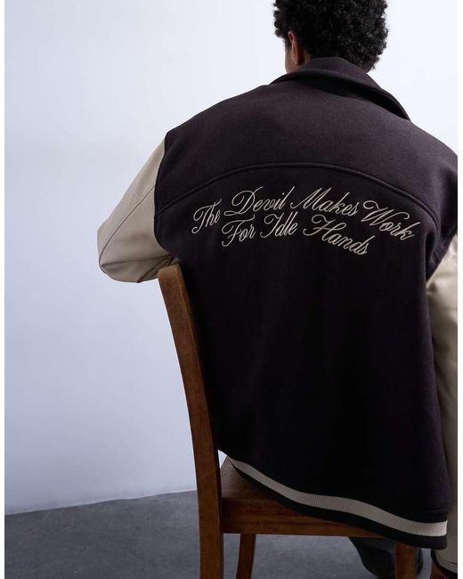 Topman Blue Embroidered Varsity Jacket for men