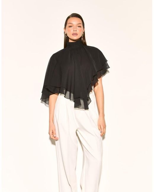 Noughts & Kisses Black Alma Chiffon High Neck Layered Ruffle Cape Top