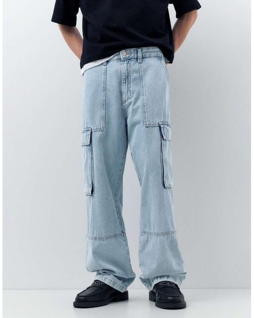 Pull&Bear Blue baggy Cargo Jeans for men