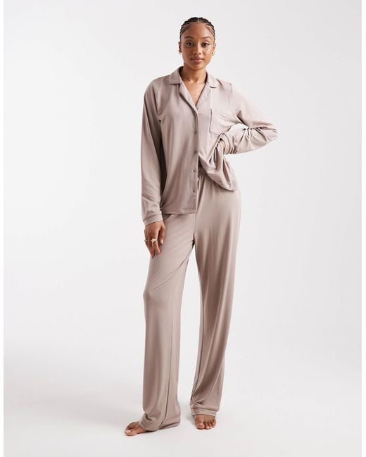 Loungeable Tall Natural Super Soft Jersey Revere Top And Wide Leg Pyjama Pants Set With Piping Detail
