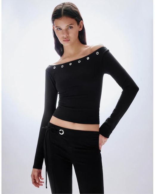 Pull&Bear Black Bardot Top With Ruffles