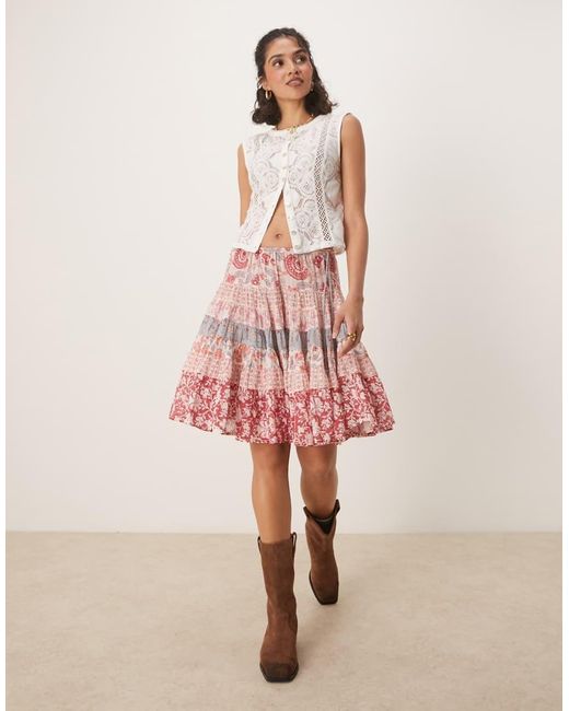 Free People Pink Floral Print Tiered Knee Length Boho Skirt