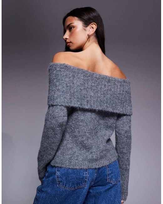 Kaiia Gray Exclusive Wool Feel Textured Knit Deep Off The Shoulder Foldover Sweater