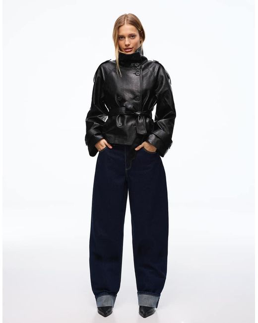Bershka Black Short Leather Effect Trench Coat