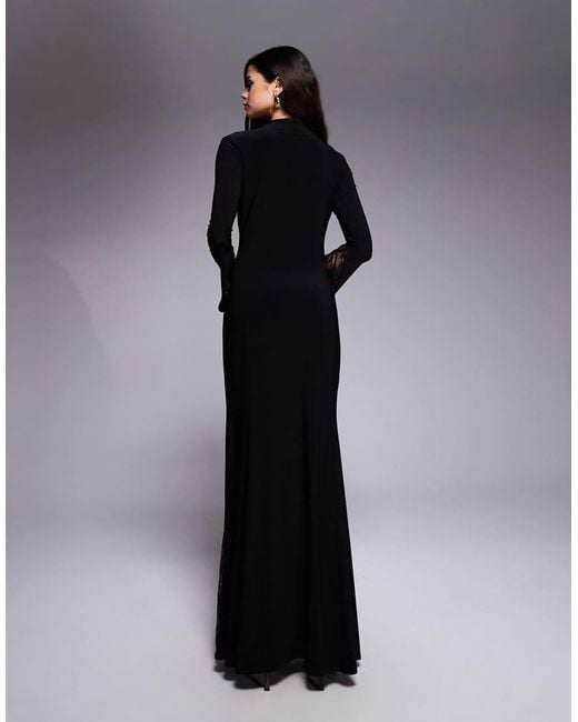 ASOS Blue Highneck Maxi Dress With Sheer Lace Godets And Layered Sleeve