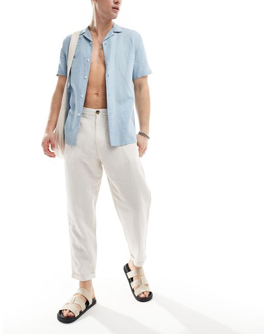 SELECTED White Loose Fit Cropped Linen Mix Trouser for men