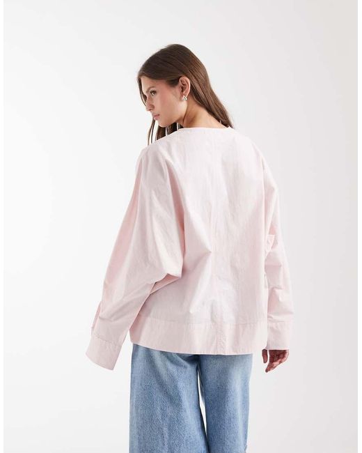 & Other Stories Pink Pure Cotton Poplin V Neck Balloon Shape Blouse